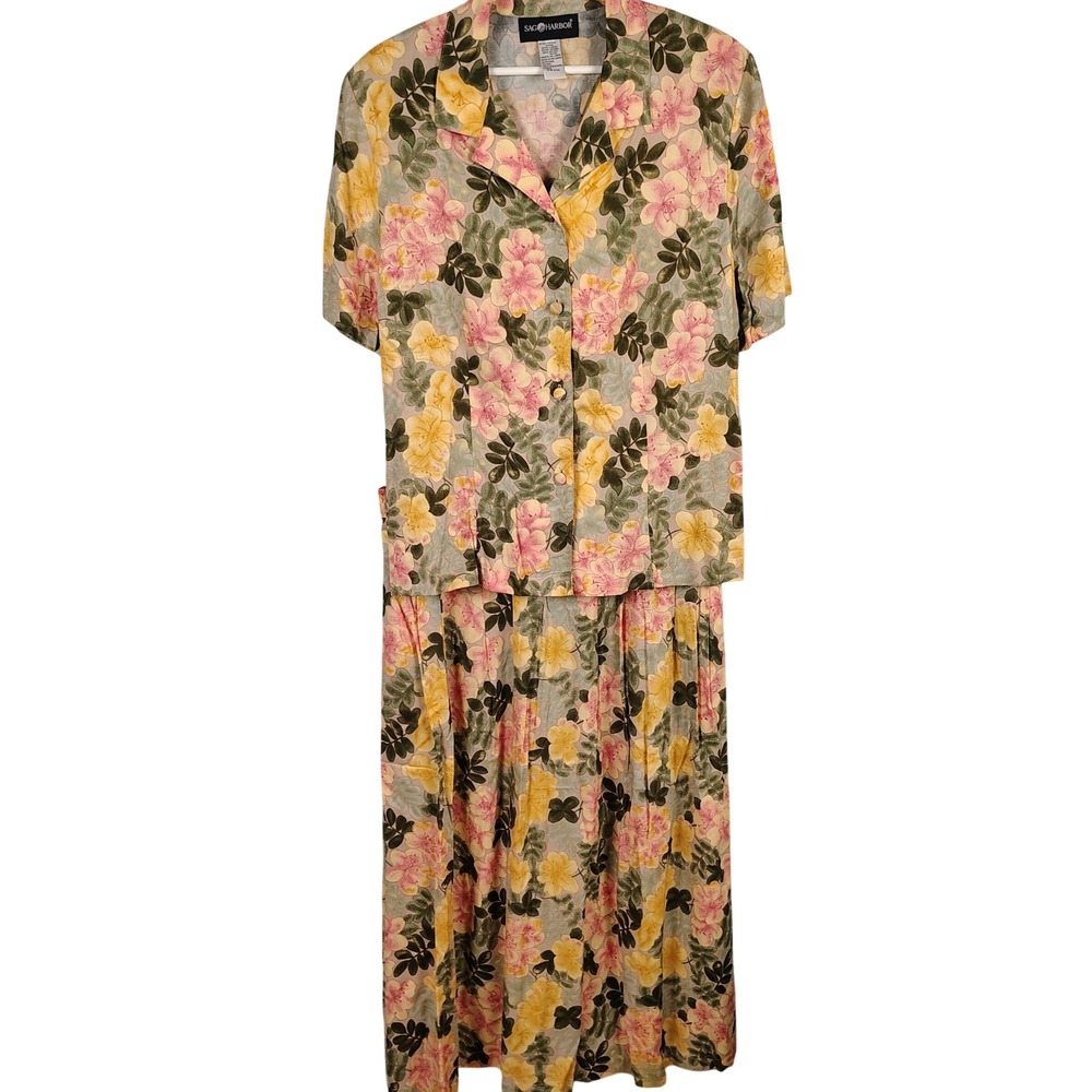 Sag Harbor Womens XL Floral 2 Piece Set Pink Yellow Rayon Cottagecore Grannycore